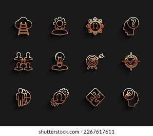 Set line Globe and people, Human with gear inside, Ladder leading to cloud, Piece of puzzle, head lamp bulb, Target check mark and arrow icon. Vector