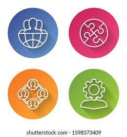 Set line Globe and people, Piece of puzzle, Project team base and Human with gear inside. Color circle button. Vector