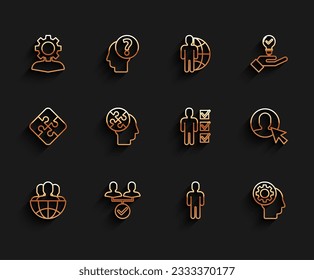 Set line Globe and people, Project team base, Human with gear inside, User of business suit, head, puzzles strategy,  and  icon. Vector