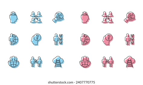 Set line Globe and people, Project team base, Ladder leading to cloud, Human head with question mark, User of business suit,  and  icon. Vector