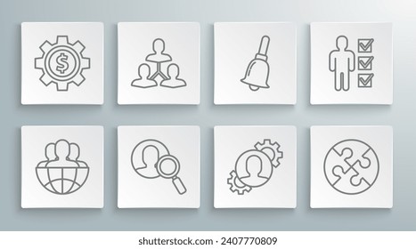 Fijar línea Globe y personas, base del equipo del Proyecto, Vidrio de ampliación para la búsqueda, Humano con equipo dentro, Pieza de rompecabezas, Campana sonora, Traje de negocios del usuario e icono del símbolo Gear dólar. Vector