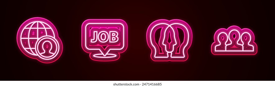 Set line Globe and people, Speech bubble with job, Project team base and Users group. Glowing neon icon. Vector