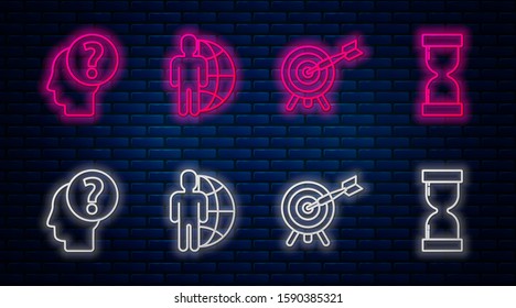 Set line Globe and people, Target with arrow, Human head with question mark and Old hourglass with flowing sand. Glowing neon icon on brick wall. Vector