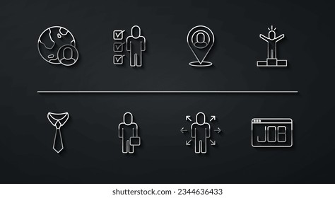 Fijar línea Globe and people, Tie, Productive human, Multitasking manager trabajando, Businessman, Resume, Search job y el icono de ubicación del trabajador. Vector