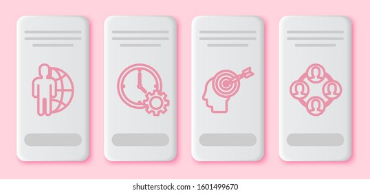 Set line Globe and people, Time Management, Head hunting concept and Project team base. White rectangle button. Vector