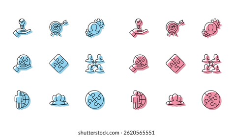 Set line Globe and people, Users group, Light bulb in hand, Piece of puzzle, Project team base,  and Target with arrow icon. Vector