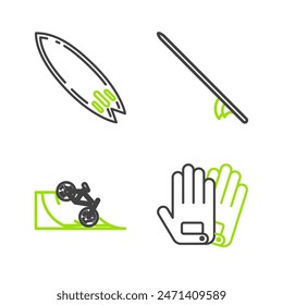 Set line Gloves, Bicycle on street ramp, Surfboard and  icon. Vector