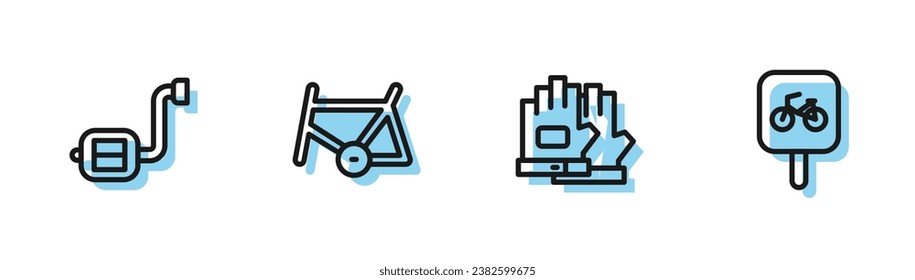 Set line Gloves, Bicycle pedal, frame and parking icon. Vector