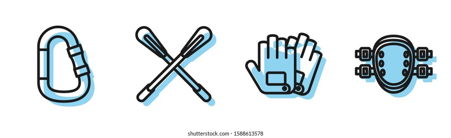 Set line Gloves, Carabiner, Crossed paddle and Knee pads icon. Vector