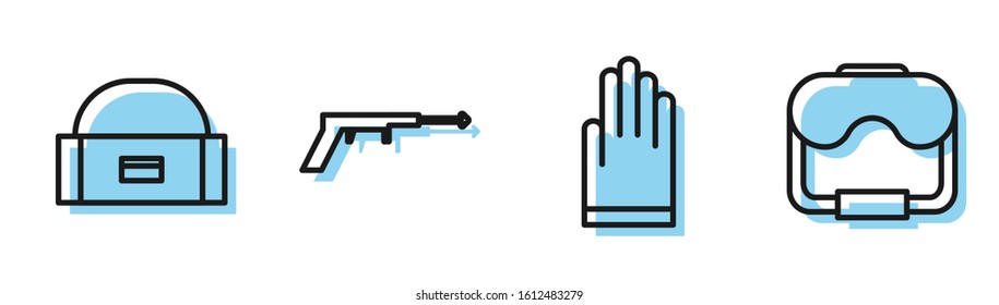 Set line Gloves, Case or box container for wobbler, Fishing harpoon and Diving mask icon. Vector