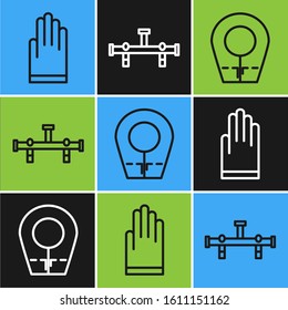 Set line Gloves, Diving hood and Manifold icon. Vector
