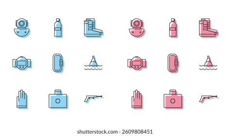 Set line Gloves, First aid kit, Aqualung, Fishing harpoon, Carabiner, Floating buoy the sea, Diving watch and  icon. Vector