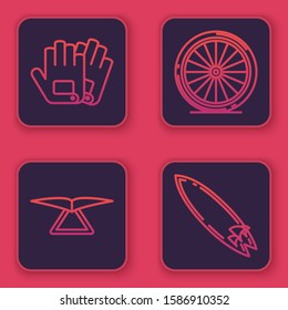 Set line Gloves, Hang glider, Bicycle wheel and Surfboard. Blue square button. Vector