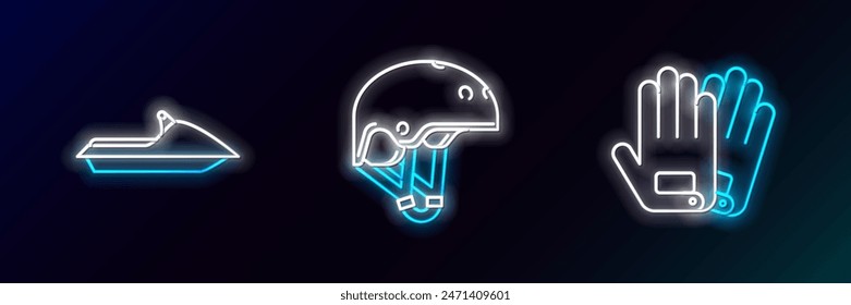 Set line Gloves, Jet ski and Helmet icon. Glowing neon. Vector