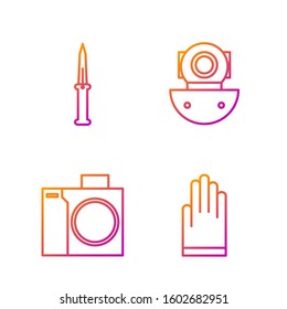 Set line Gloves, Photo camera for diver, Army knife and Aqualung. Gradient color icons. Vector