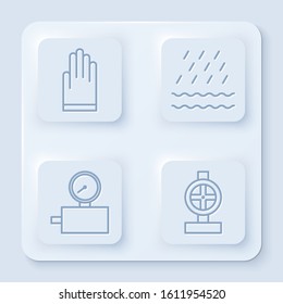 Set line Gloves, Rain and waves, Gauge scale and Industry metallic pipes and valve. White square button. Vector