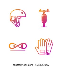 Set line Gloves, Skateboard trick, Helmet and Bicycle. Gradient color icons. Vector