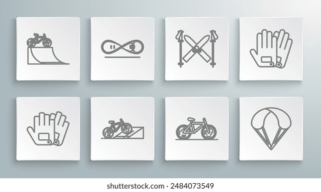 Set line Gloves, Skateboard trick, Bicycle on street ramp, Parachute, Ski and sticks,  and  icon. Vector