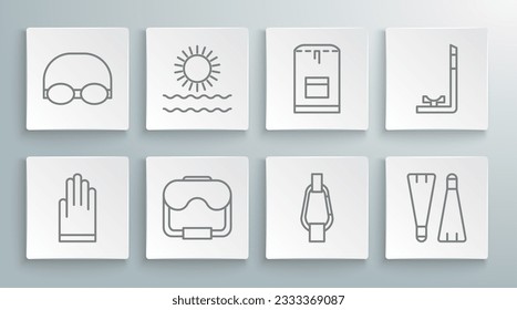 Set line Gloves, Sun and waves, Diving mask, Carabiner, Rubber flippers for swimming, Backpack, Snorkel and Glasses cap icon. Vector
