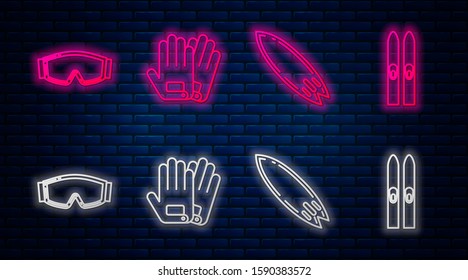 Set line Gloves, Surfboard, Ski goggles and Ski and sticks. Glowing neon icon on brick wall. Vector