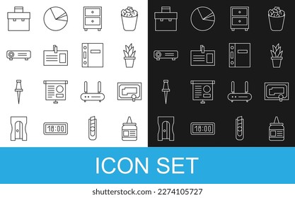 Set line Glue, Certificate template, Plant in pot, Drawer with documents, Identification badge, Movie, film, media projector, Briefcase and Office folders icon. Vector