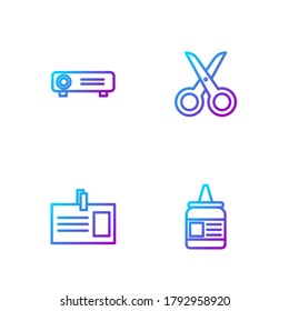 Ajuste la línea Glue, la insignia de identificación, la película, la película, el proyector multimedia y las tijeras. Iconos de color de degradado. Vector