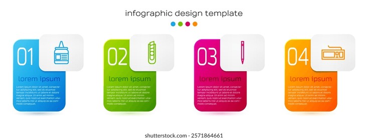 Set line Glue, Stationery knife, Pencil with eraser and Keyboard. Business infographic template. Vector