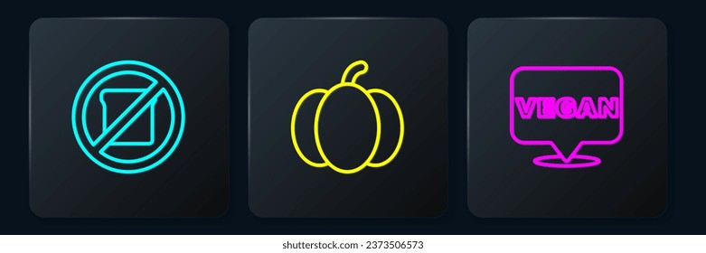 Set line Gluten free grain, Vegan food diet and Pumpkin. Black square button. Vector