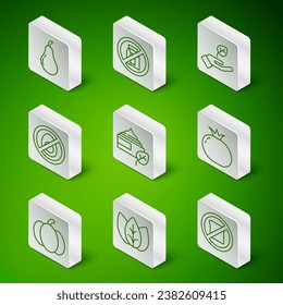 Set line Gluten free grain, Leaf or leaves, Pear, Organic cosmetic, No meat, pack of milk, Pumpkin and Tomato icon. Vector