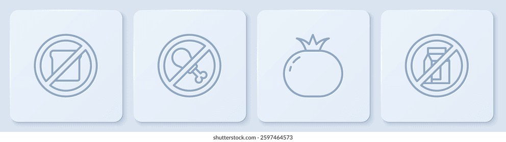 Set line Gluten free grain, Tomato, No meat and pack of milk. White square button. Vector