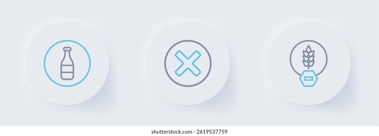 Set line Gluten free grain, X Mark, Cross circle and Bottle icon. Vector