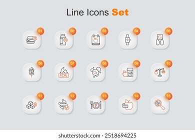 Definir linha OGM, Apple e fita de medição, dieta alimentar vegan, intestinos, Sem açúcar livre, Calculadora de calorias e ícone de cálcio. Vetor
