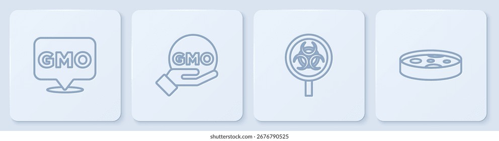 Definir linha de OGM, Bio-hazard e lupa, e placa de Petri com bactérias. Botão quadrado branco. Vetor