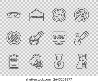 Set line GMO, DNA research, search, Petri dish with bacteria, Genetically modified meat, Laboratory glasses, orange, Test tube and flask and Gmo chicken icon. Vector
