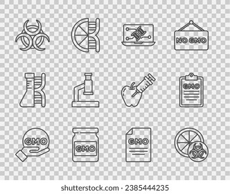 Set line GMO, Genetically modified orange, engineering modification, Biohazard symbol, Microscope,  and  icon. Vector