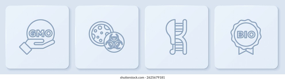 Set line GMO, Genetically modified chicken,  and Label for bio healthy food. White square button. Vector
