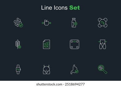 Set line GMO, Human stomach health, Obesity, Smart watch with heart, Women waist, Bathroom scales, Diet plan and Gluten free grain icon. Vector