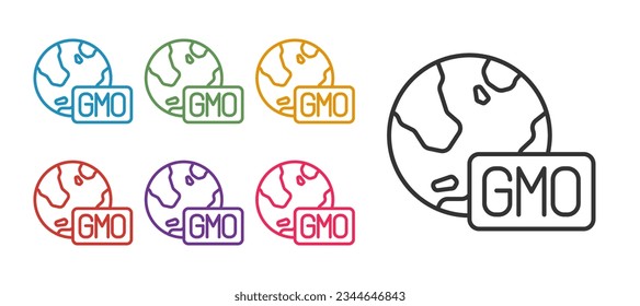 Establecer el icono de línea GMO aislado en fondo blanco. Acrónimo de organismo modificado genéticamente. Modificación del alimento del adn. Indique los iconos en colores. Vector
