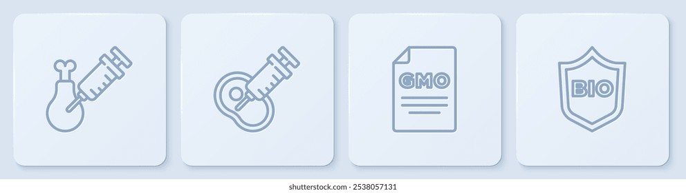 Set line Gmo pesquisa frango, OGM, carne geneticamente modificada e Escudo para alimentos bio saudáveis. Botão quadrado branco. Vetor