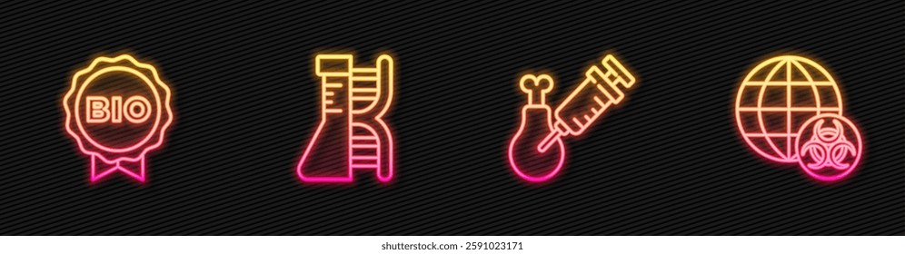 Set line Gmo research chicken, Label for bio healthy food, DNA research, and GMO. Glowing neon icon. Vector
