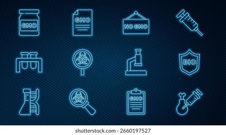 Definir linha Gmo galinha de pesquisa, Escudo para alimentos bio saudáveis, Sem OGM, Bio-hazard e lupa de vidro, Frasco de tubo de ensaio, Microscópio e ícone. Vetor
