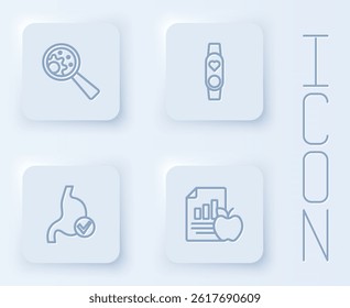 Set line GMO, Smart watch with heart, Human stomach health and Diet plan. White square button. Vector