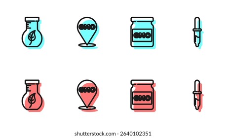 Set line GMO, Test tube and flask,  and Pipette icon. Vector
