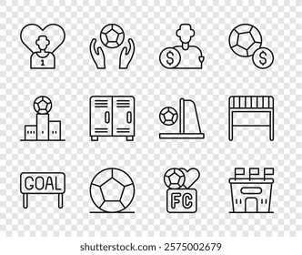 Set line Goal soccer football, Football stadium, Buy player, Soccer, or, Locker changing room, Fan club and goal icon. Vector