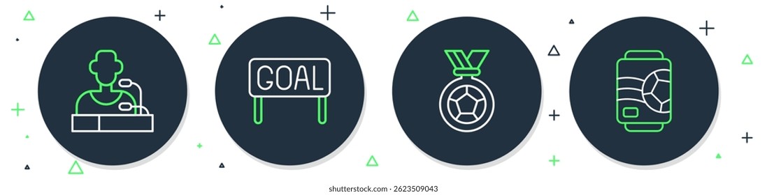 Set line Goal soccer football, Football or medal, player press conference and Beer can icon. Vector