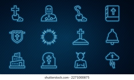 Set line God's helping hand, Church bell, Magic staff, Crown of thorns, Flag with christian cross, Christian, Grave and Knight crusader icon. Vector