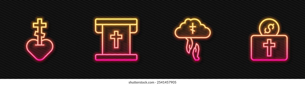 Fije la línea de la mano de ayuda de Dios, el corazón de la cruz religiosa, la bandera con el cristiano y la donación para la iglesia. Icono de neón brillante. Vector