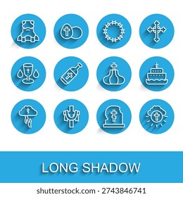 Set line God's helping hand, Christian cross, Priest, Grave with tombstone, Religious circle, Holy water bottle, Ark of noah and Church tower icon. Vector