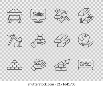 Set line Gold bars, 24k, mine, Mine cart with gold, Growth arrow and  icon. Vector