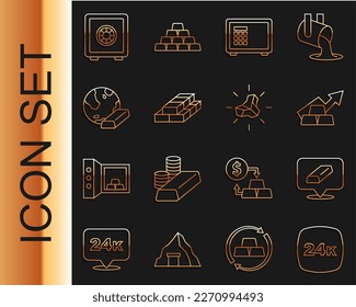Set line Gold bars 24k, Growth arrow with gold, Safe, Stacks paper money cash,  and nugget icon. Vector